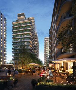 CGI of the Ebury development, showing communal outside areas with people sitting at cafe tables surrounded by the residential buildings