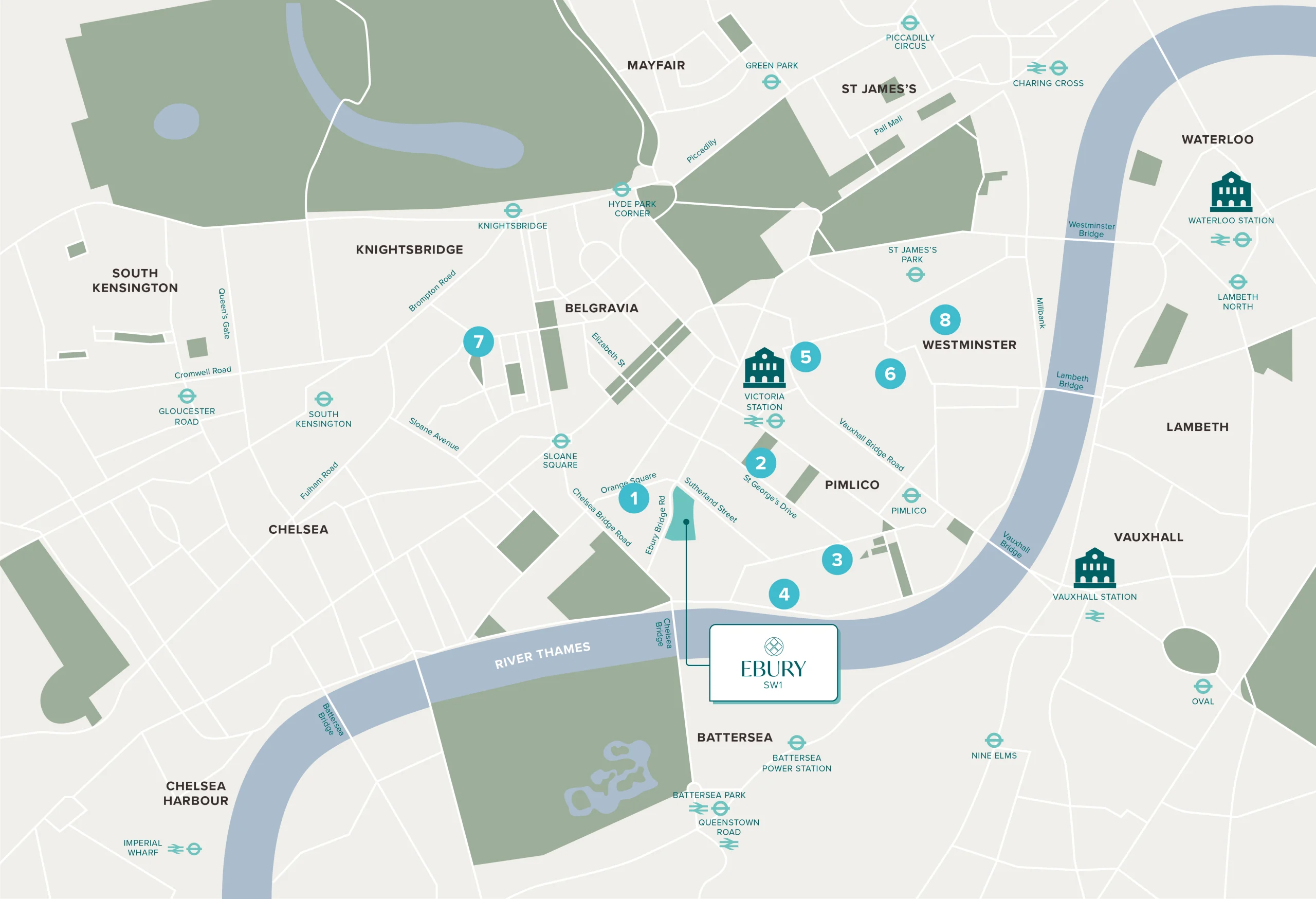 Illustrated map depicting schools in the surrounding areas of the Ebury development. Includes the areas of Westminster, Belgravia, Chelsea, Pimlico, Vauxhall, Lambeth, Chelsea and Chelsea Harbour.