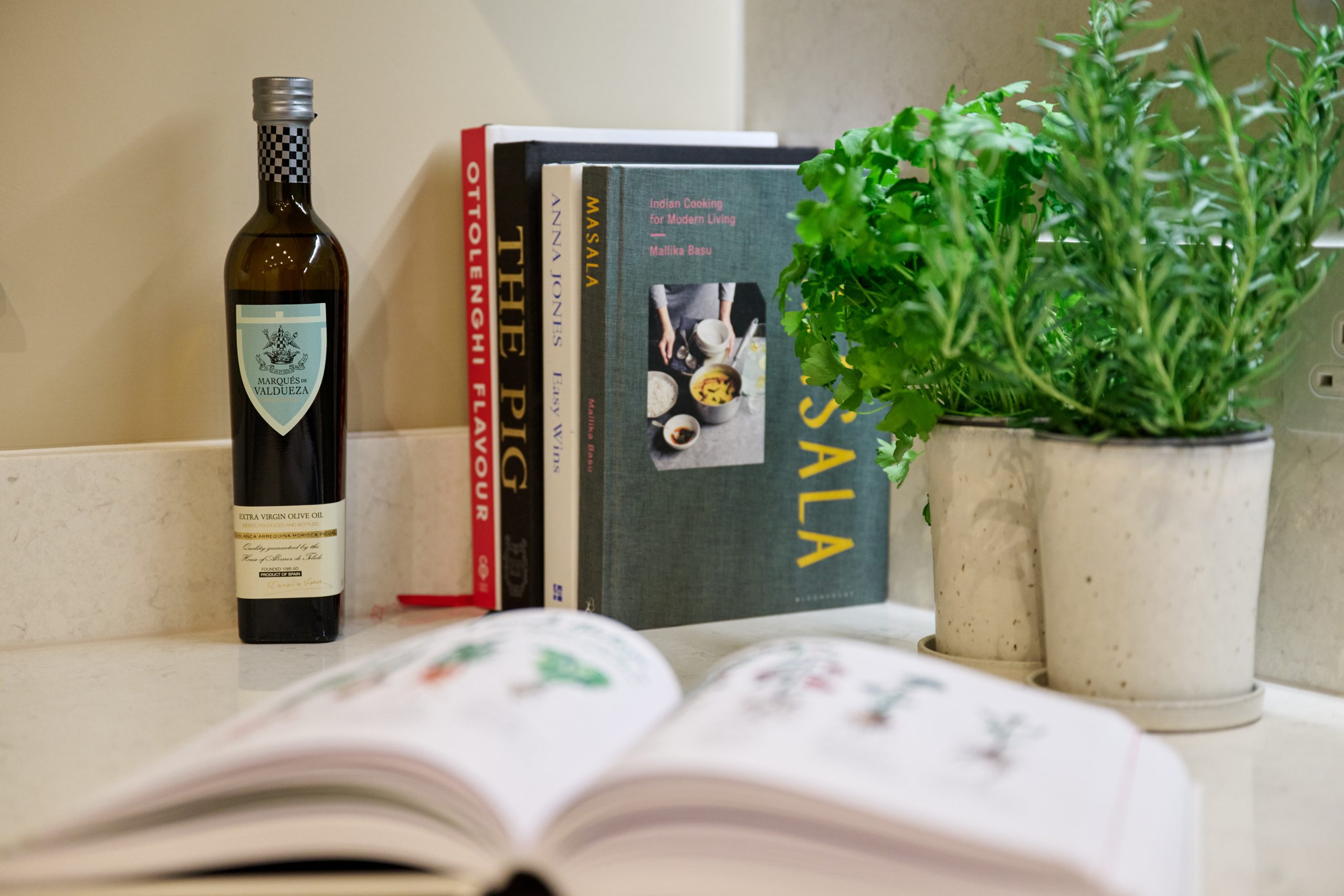close-up photograph of cookbooks, a bottle of olive oil and two potted plants on a kitchen surface