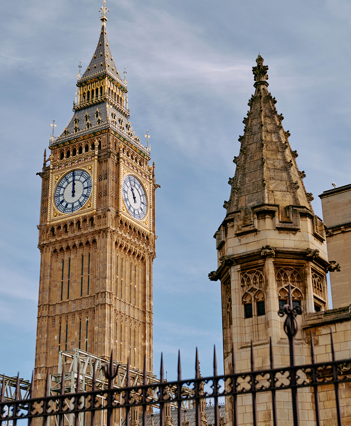 The Big Ben clock, viewed from the ground up